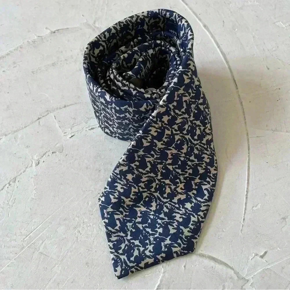 HERMES Men's Necktie Tie Silk High Brand All Over Easter Rabbit Pattern Blue - Picture 1 of 11
